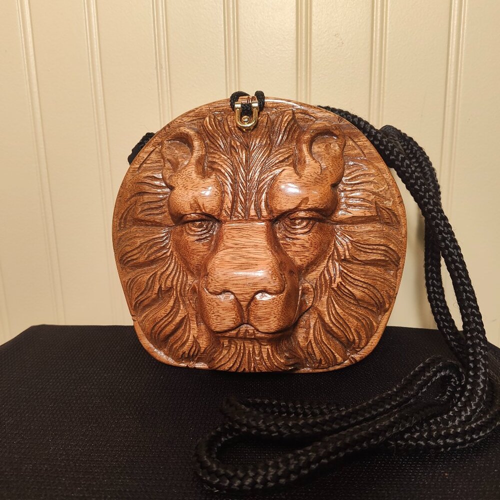 Vintage Hand-Carved Acacia Wood Lion Head Shoulder Bag from Timmy Woods Collecti